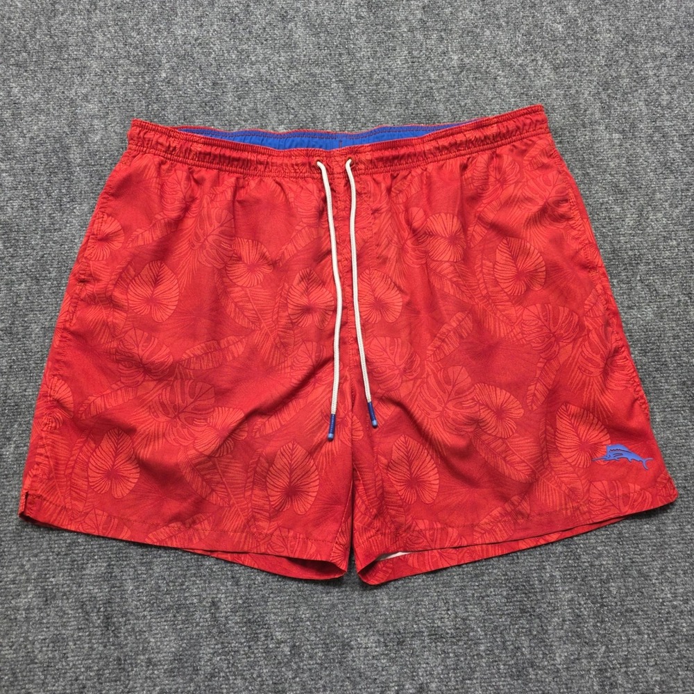 Tommy Bahama Swim Trunks XXL Red Tropical Leaf Board Shorts 6" Inseam Mesh Lined